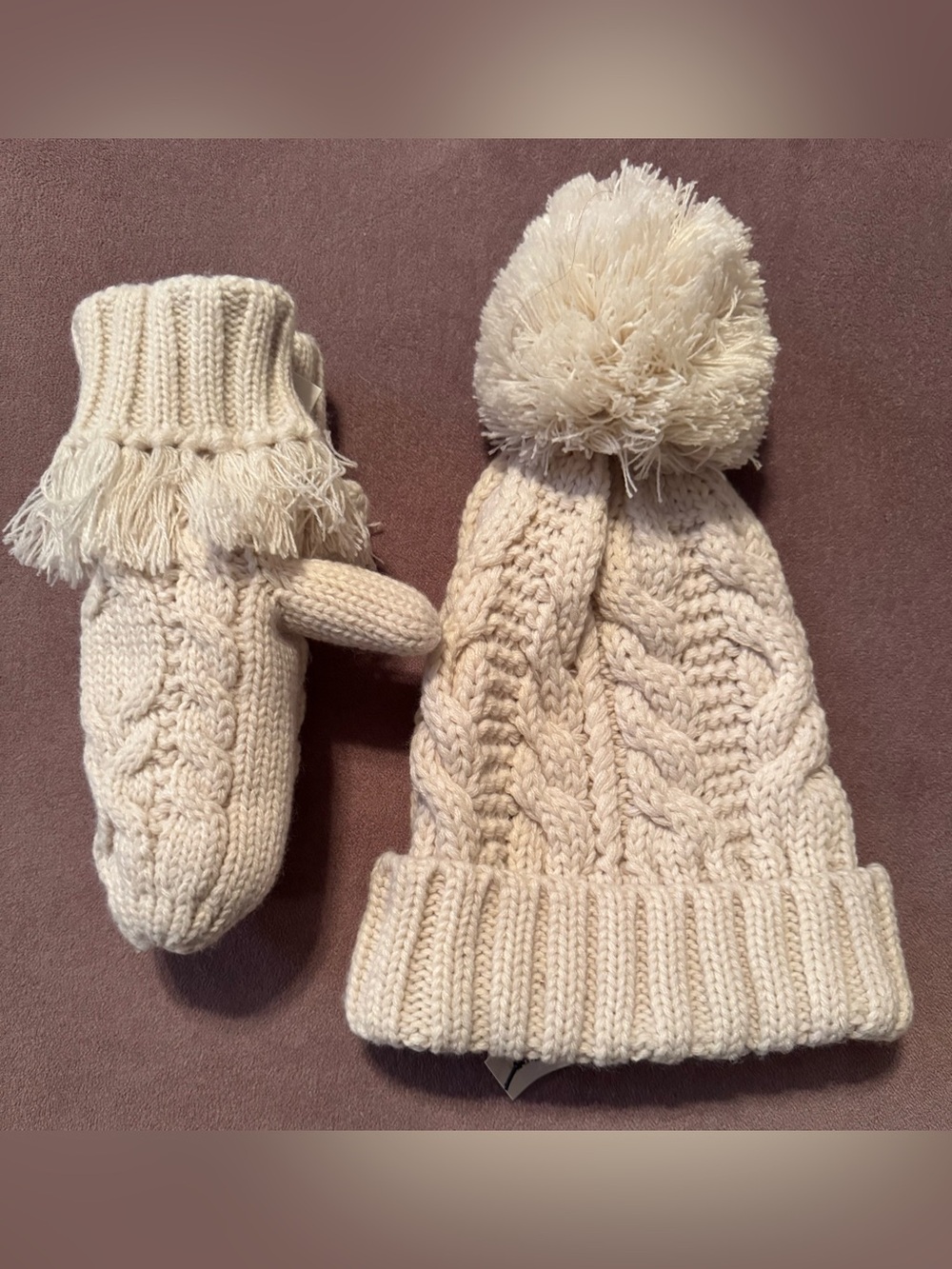 Indigo Cream Cable Knit Pom Beanie and Mittens Set NWT